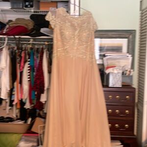 Tea-Length Beige Sequined Chiffon Dress.  Size 16W.